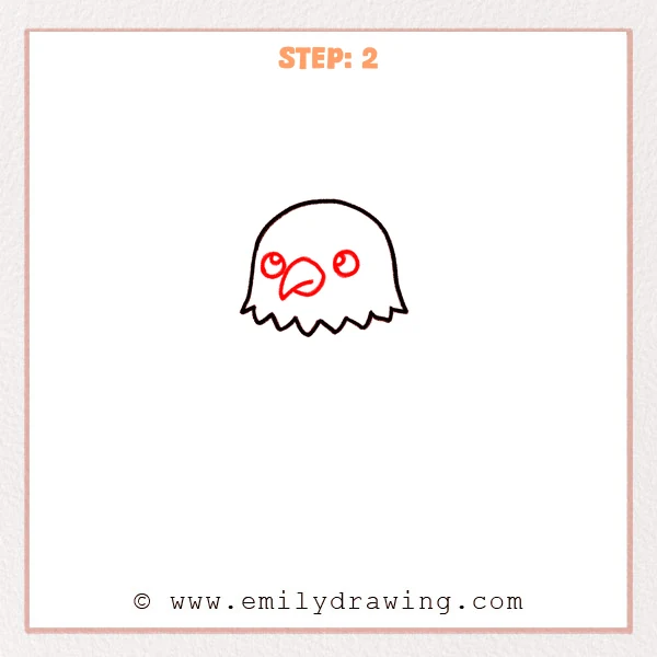 how to draw a bald eagle - Step 2: Bald eagle head gains two round eyes and a hooked beak shape.